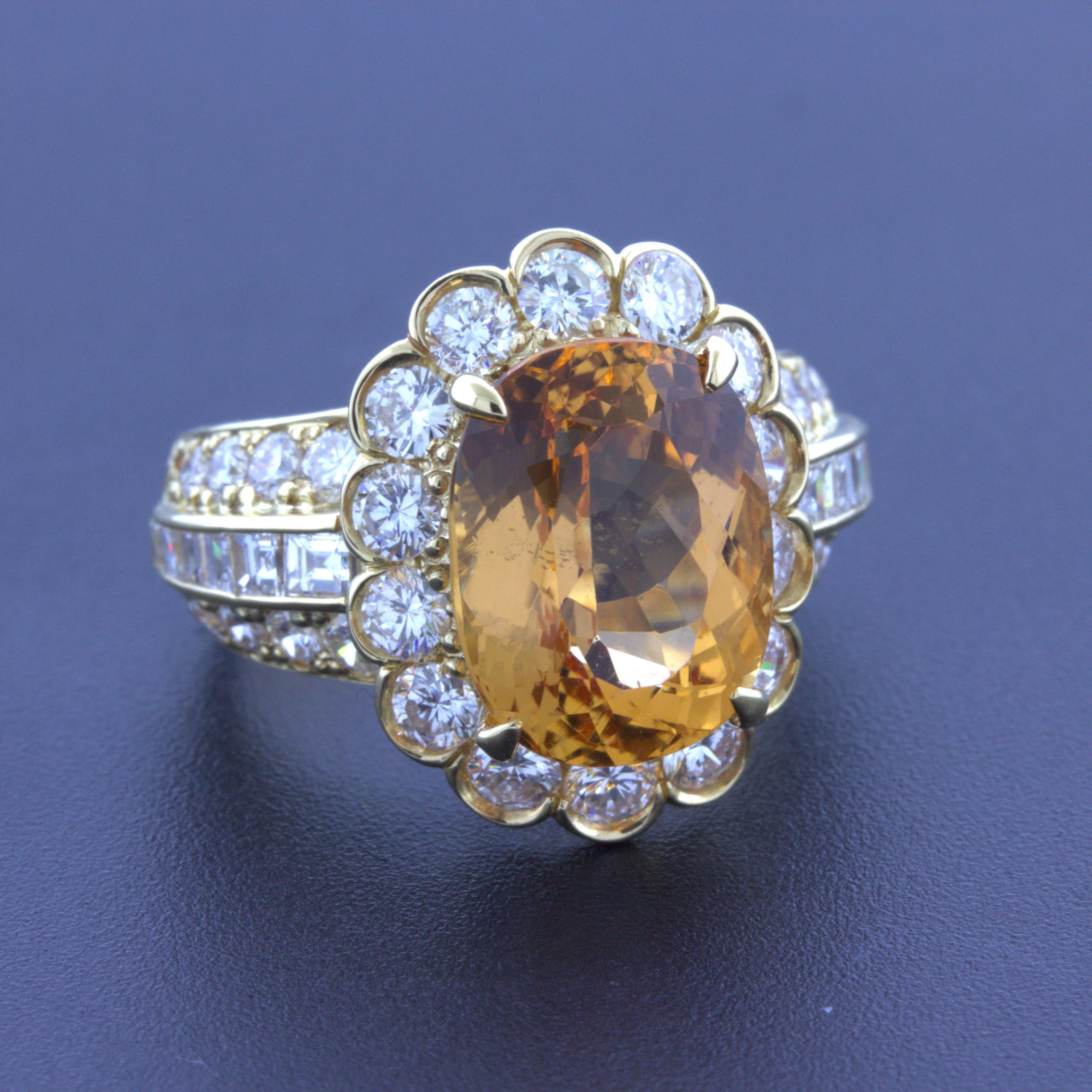 A chic and elegant ring featuring a fine 7.07 carat oval-shape imperial topaz. The topaz has a rich golden orangy-yellow color that radiates in the light. It is complemented by 2.45 carats of round brilliant and square-cut diamonds set around the