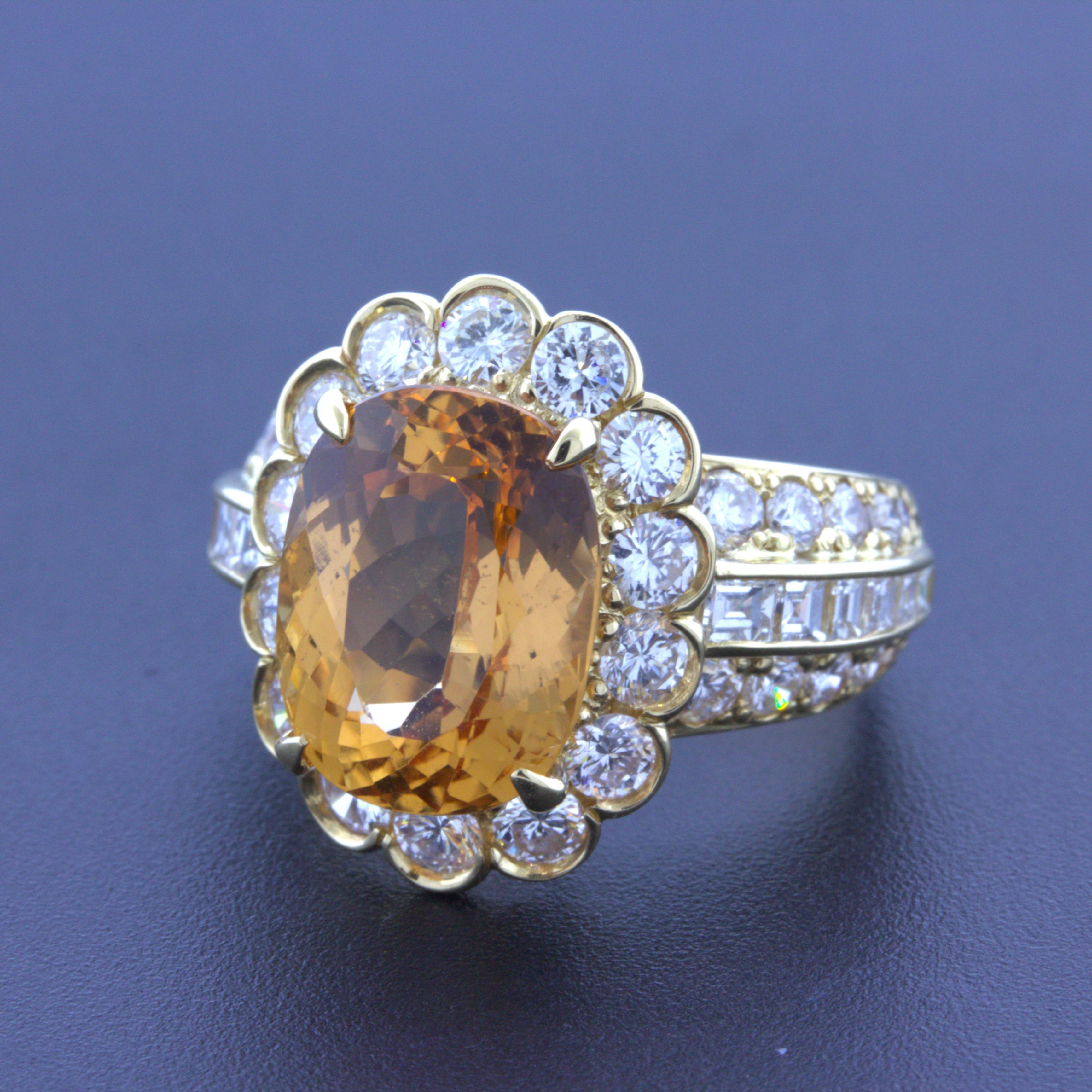 Oval Cut 7.07 Carat Imperial Topaz Diamond 18k Yellow Gold Ring For Sale