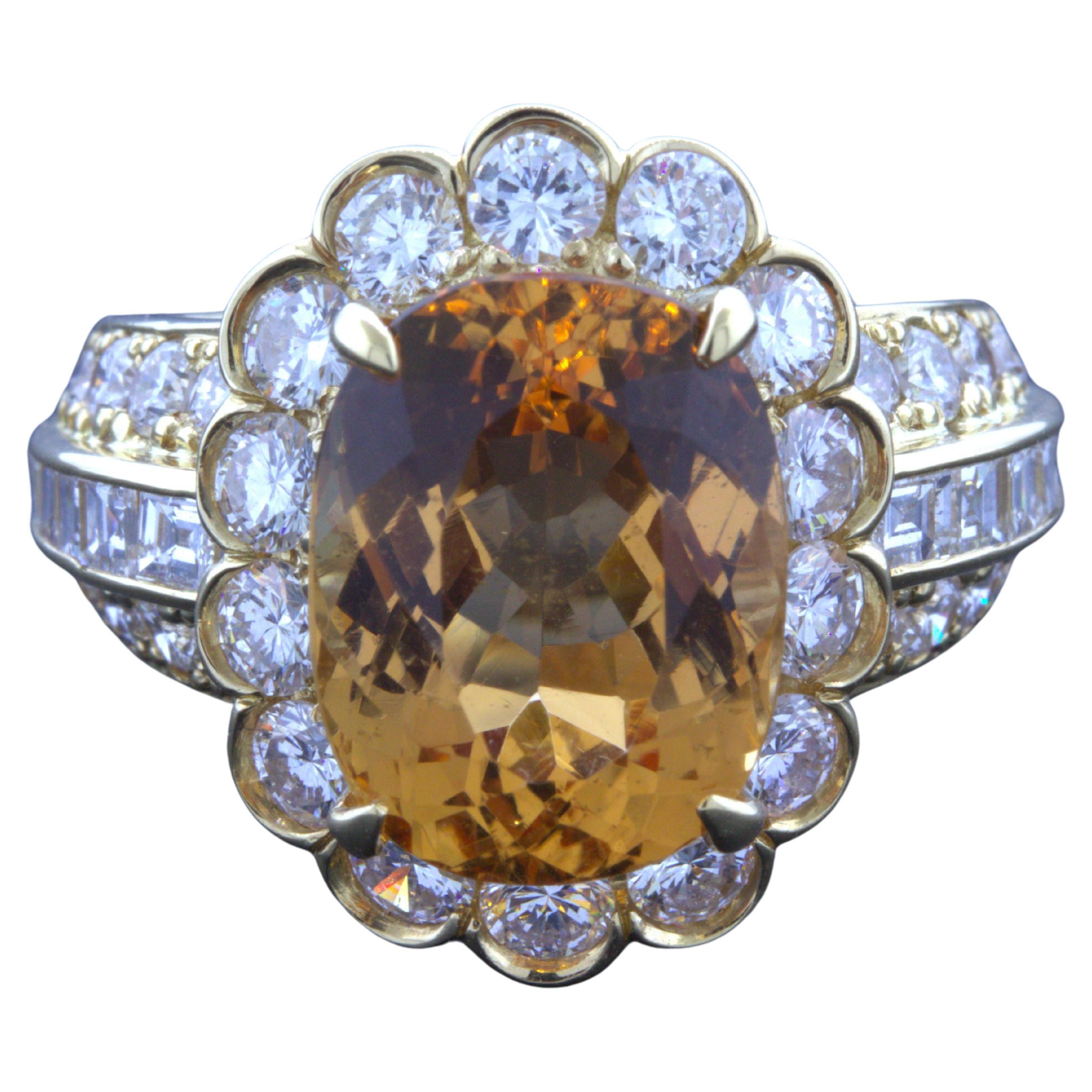 7.07 Carat Imperial Topaz Diamond 18k Yellow Gold Ring For Sale