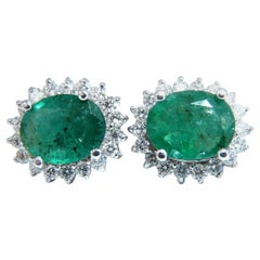 7.07 Carat Natural Green Emerald Diamonds Cluster Earrings 14 Karat Halo Classic
