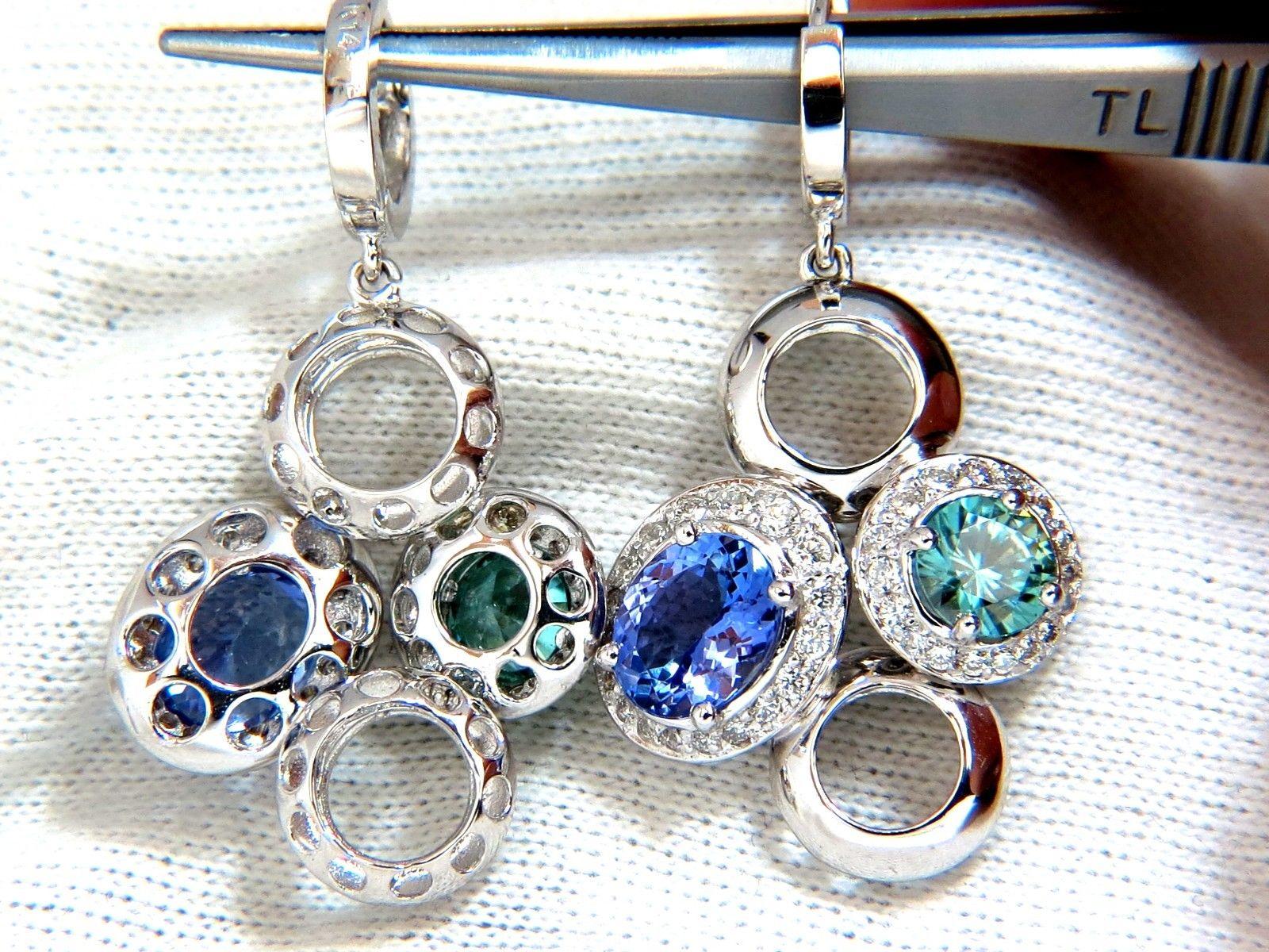 7.07 Carat Natural Tanzanites Zircon Diamonds Circle Dangle Earrings 14 Karat For Sale 4