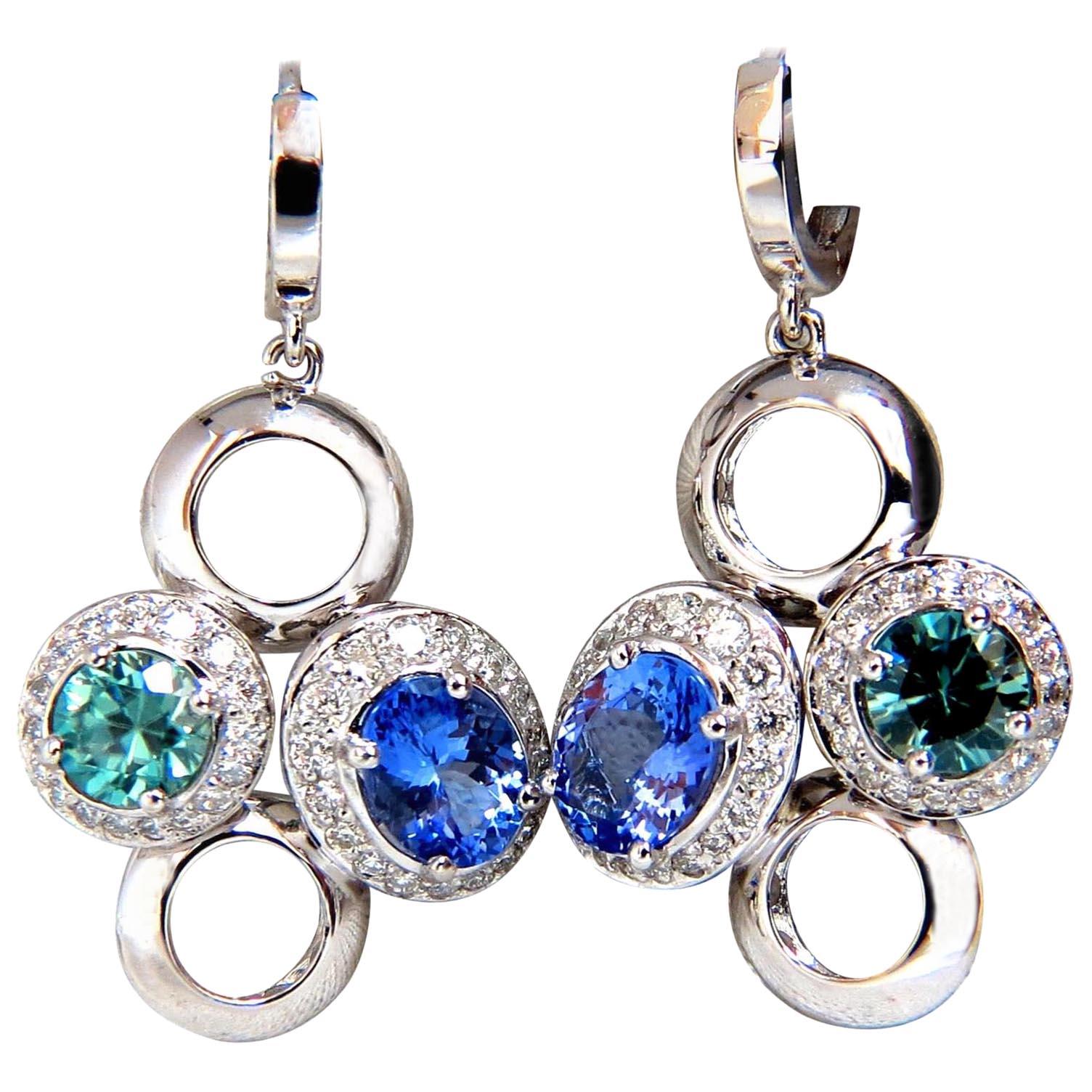 7.07 Carat Natural Tanzanites Zircon Diamonds Circle Dangle Earrings 14 Karat For Sale