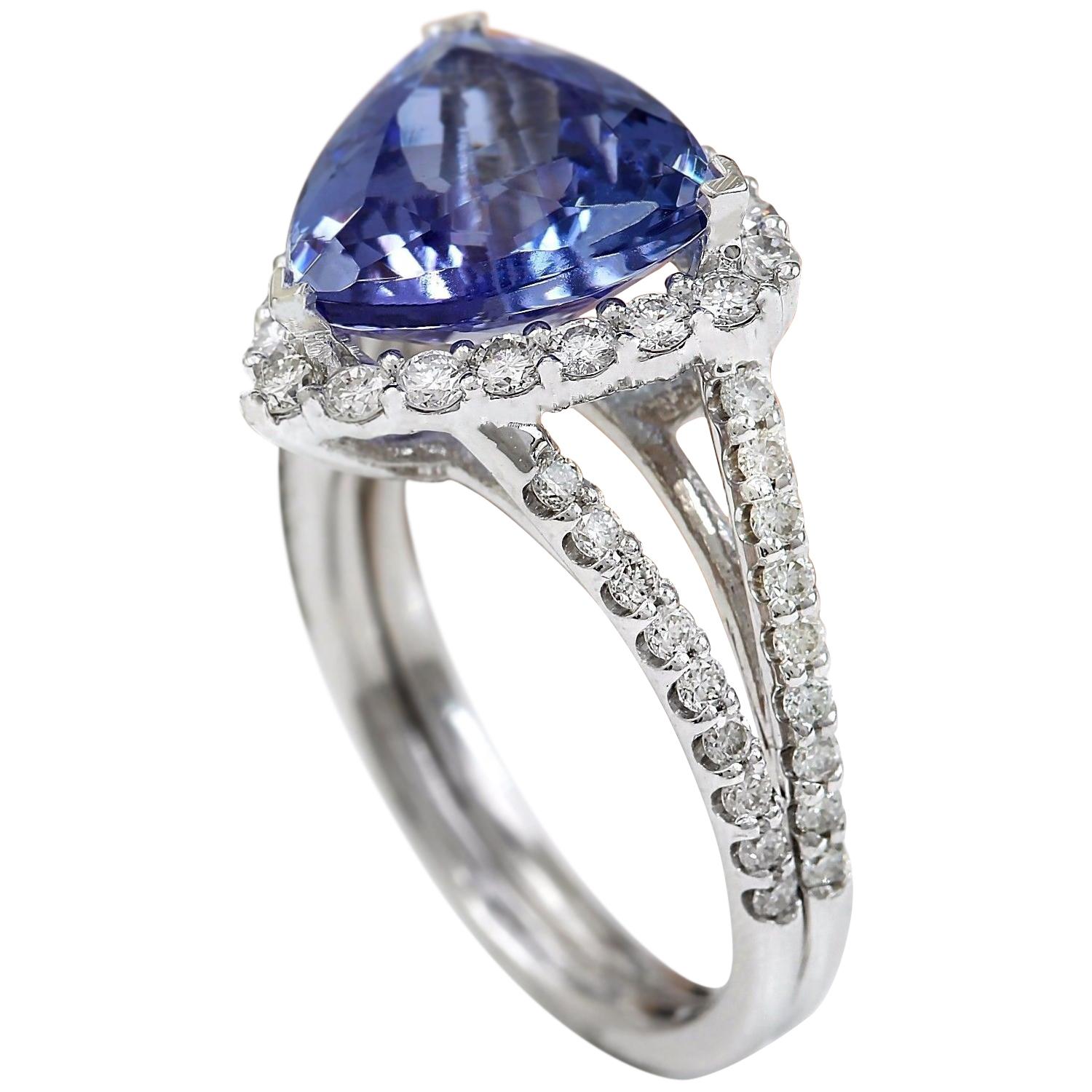 Trillion Cut Tanzanite Diamond Ring In 14 Karat Solid White Gold  For Sale