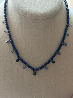 7.07 Carat Tanzanite and Iolite Gemstone Necklace on Lapis Beaded Chain