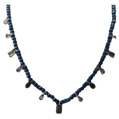 7.07 Carat Tanzanite and Iolite Gemstone Necklace on Lapis Beaded Chain