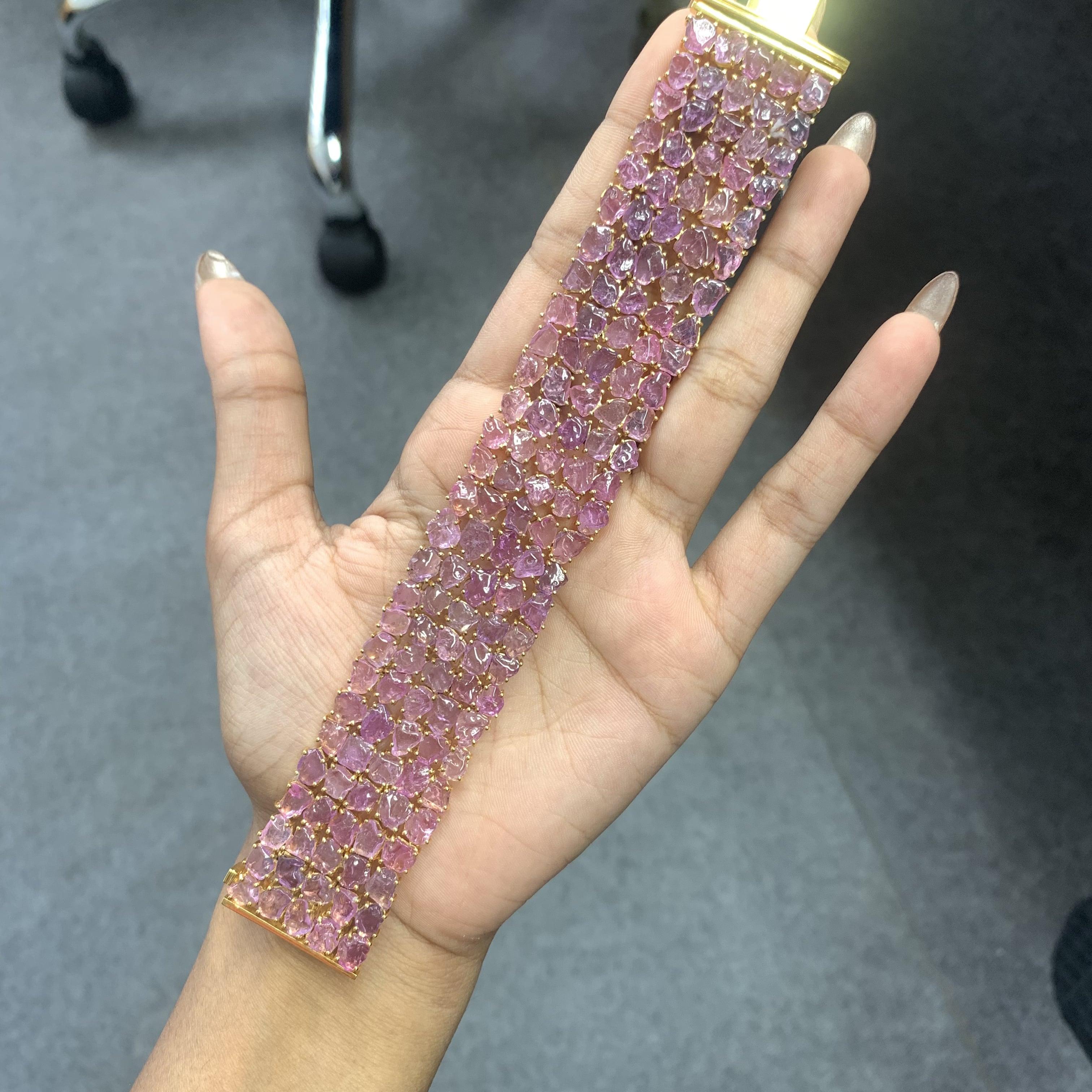 70.71 Carat Edwardian Pink Sapphire Statement Bracelet Handcrafted in 14k Gold For Sale 10