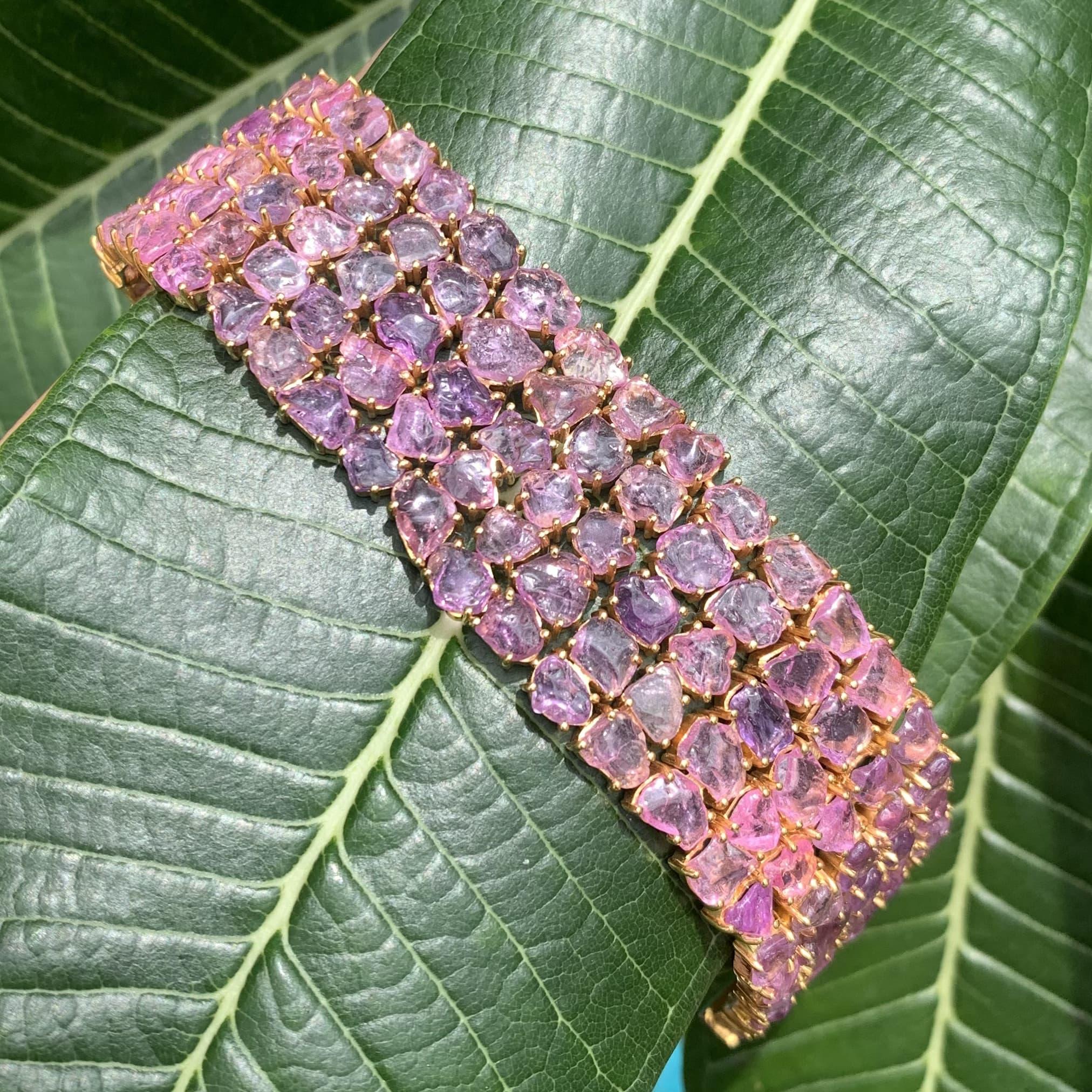 Rose Cut 70.71 Carat Edwardian Pink Sapphire Statement Bracelet Handcrafted in 14k Gold For Sale