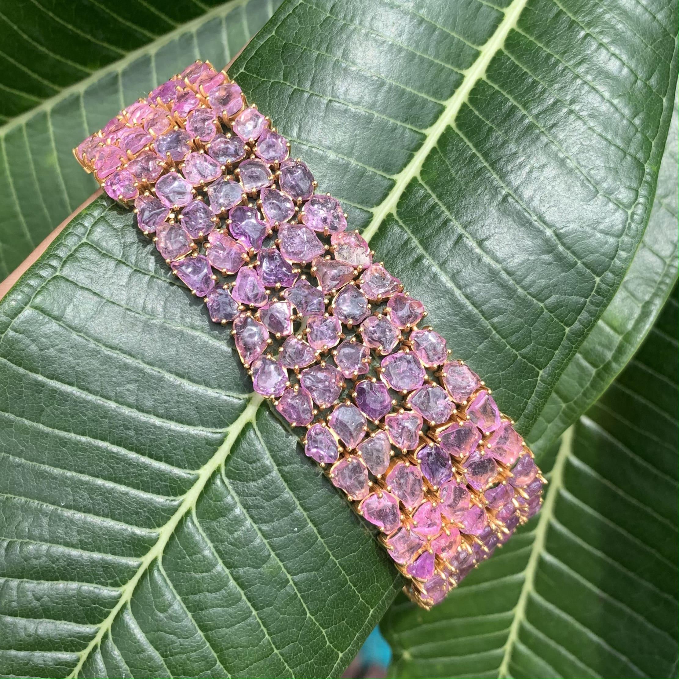 70.71 Carat Edwardian Pink Sapphire Statement Bracelet Handcrafted in 14k Gold In New Condition For Sale In Bangkok, TH