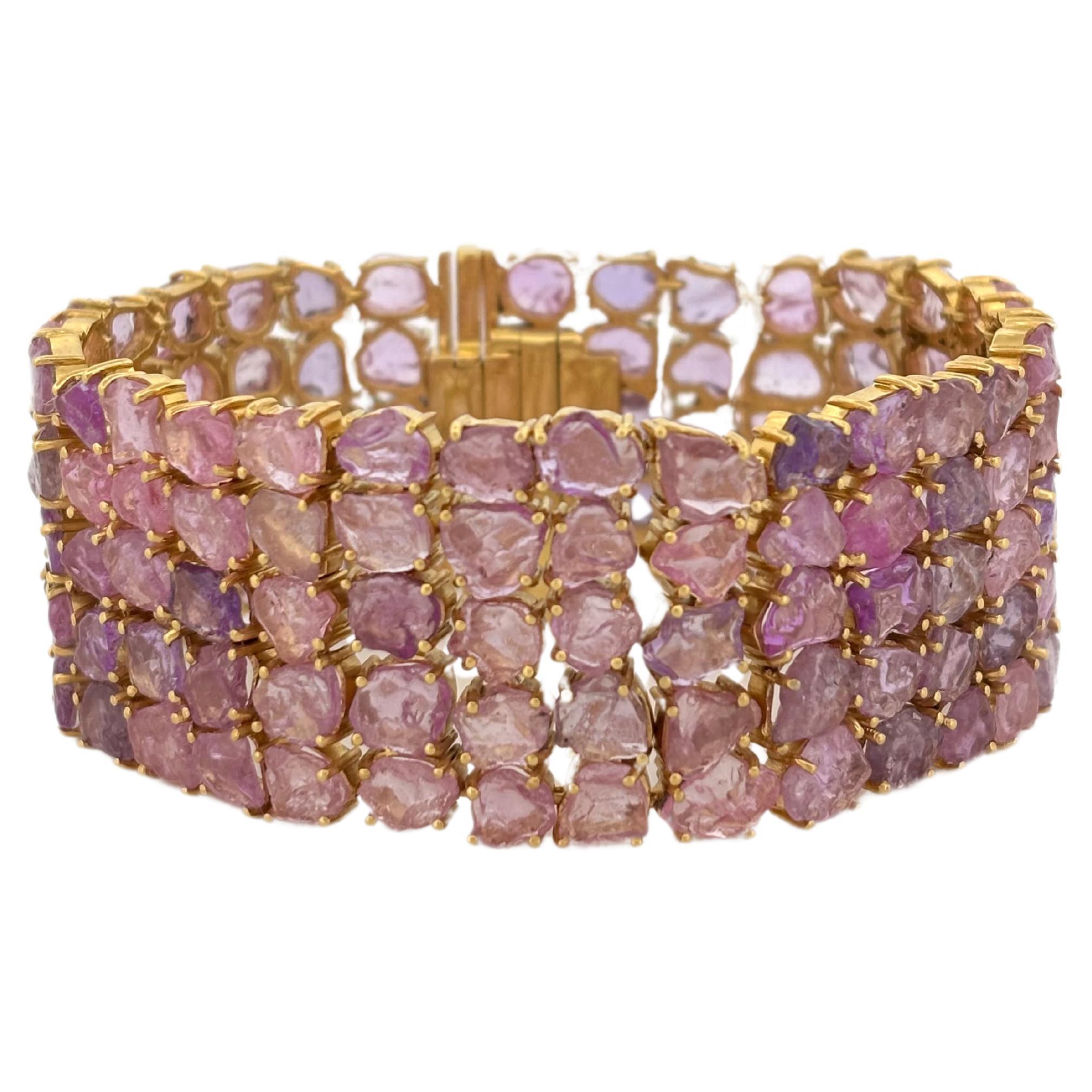 70.71 Carat Edwardian Pink Sapphire Statement Bracelet Handcrafted in 14k Gold For Sale