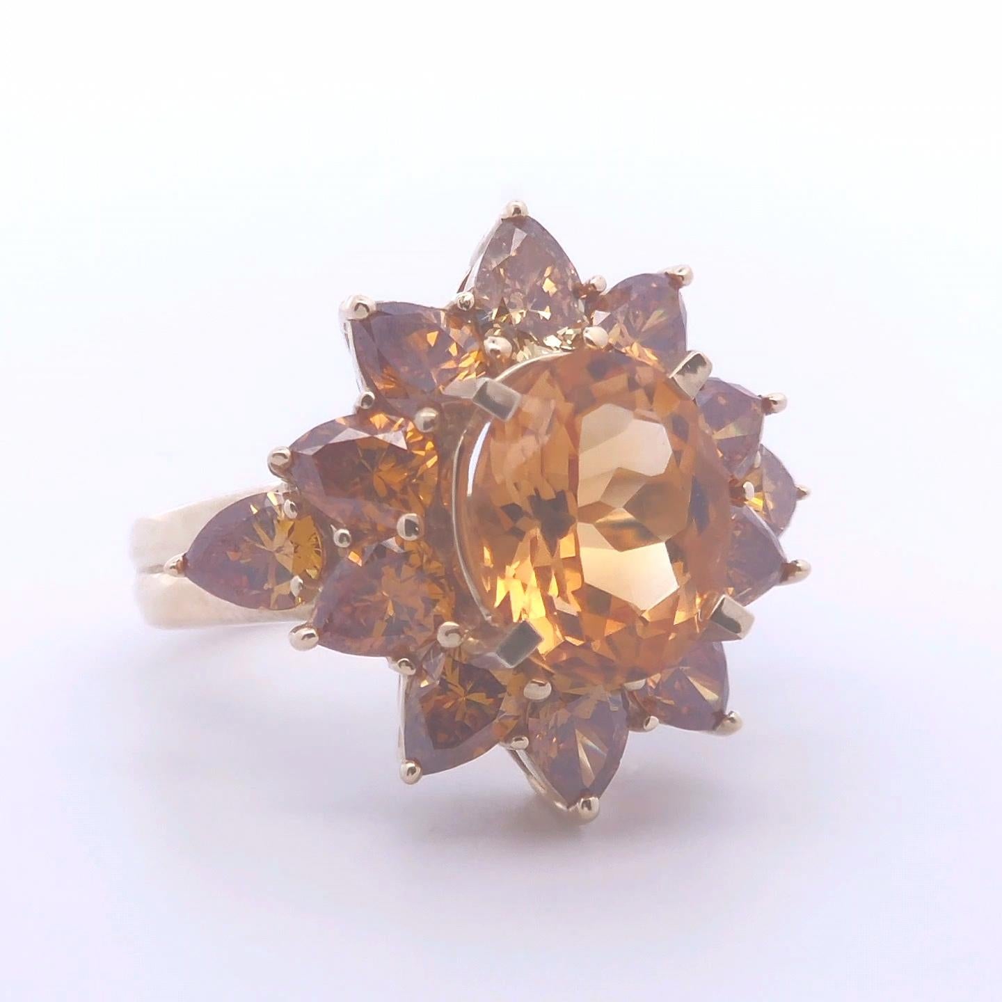 Oval Cut 7.ct Citrine and Orange Diamond Ring in 14k YG For Sale
