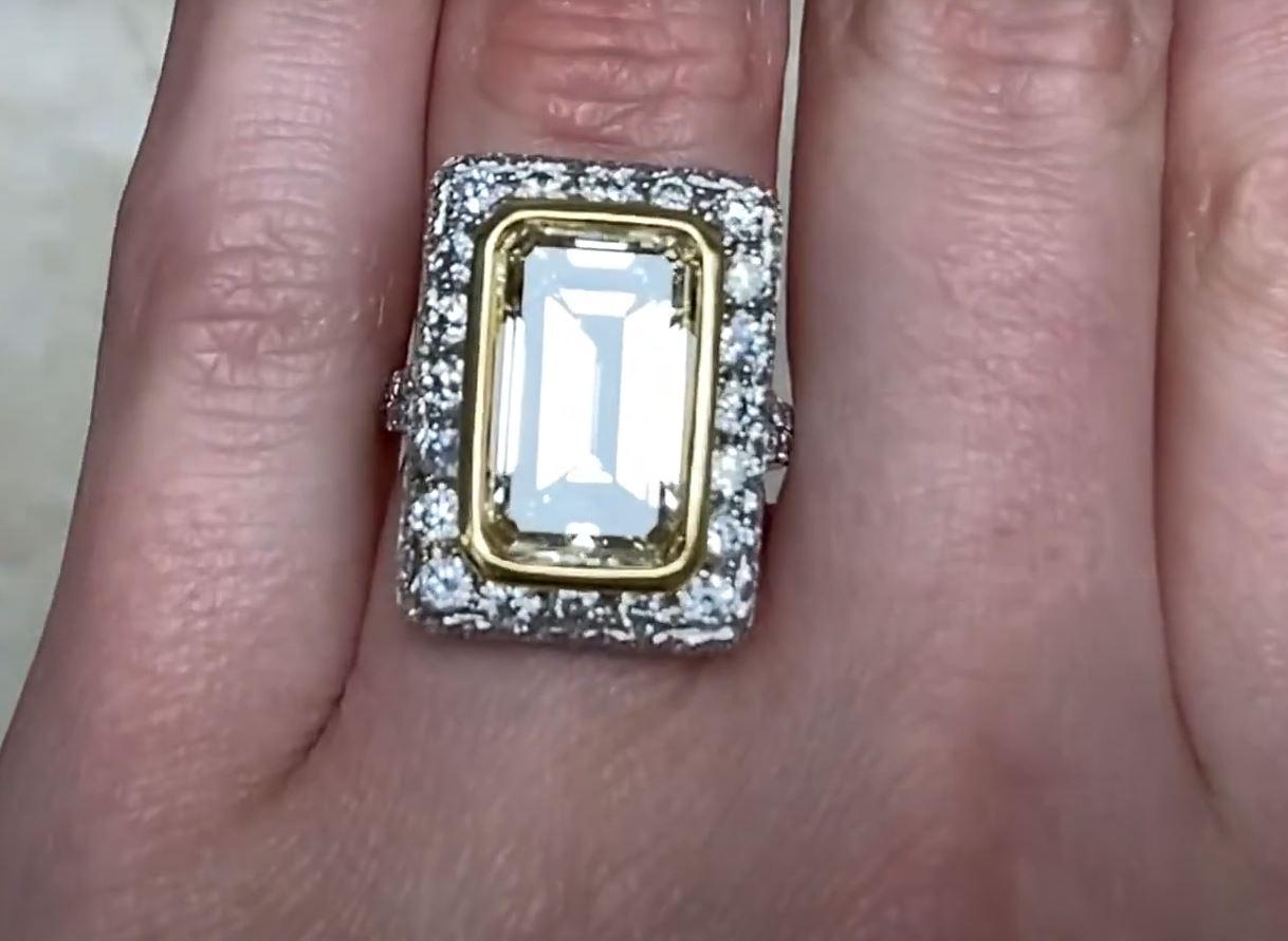 Women's 7.07ct Emerald Cut Fancy Light Yellow Diamond Engagement Ring, Platinum For Sale