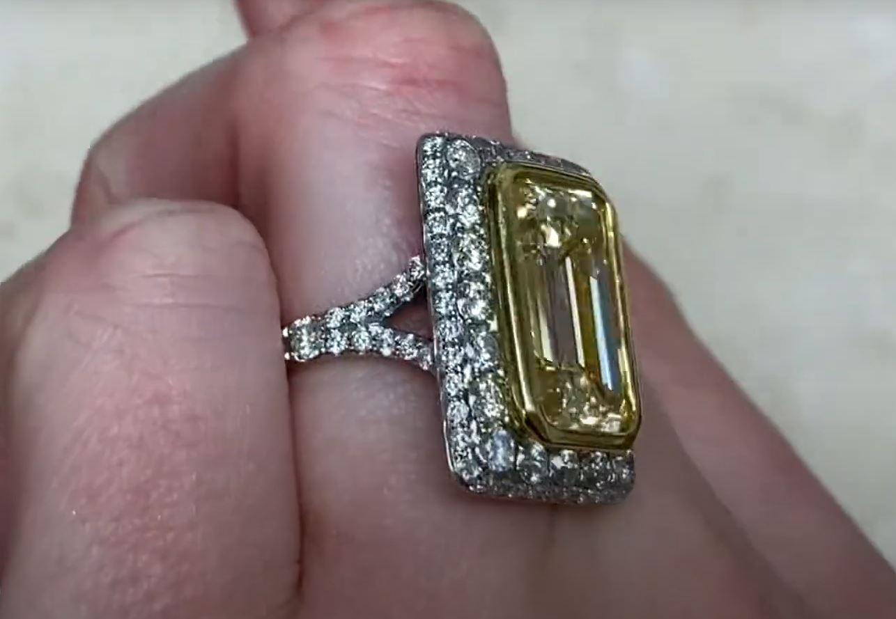 7.07ct Emerald Cut Fancy Light Yellow Diamond Engagement Ring, Platinum For Sale 1
