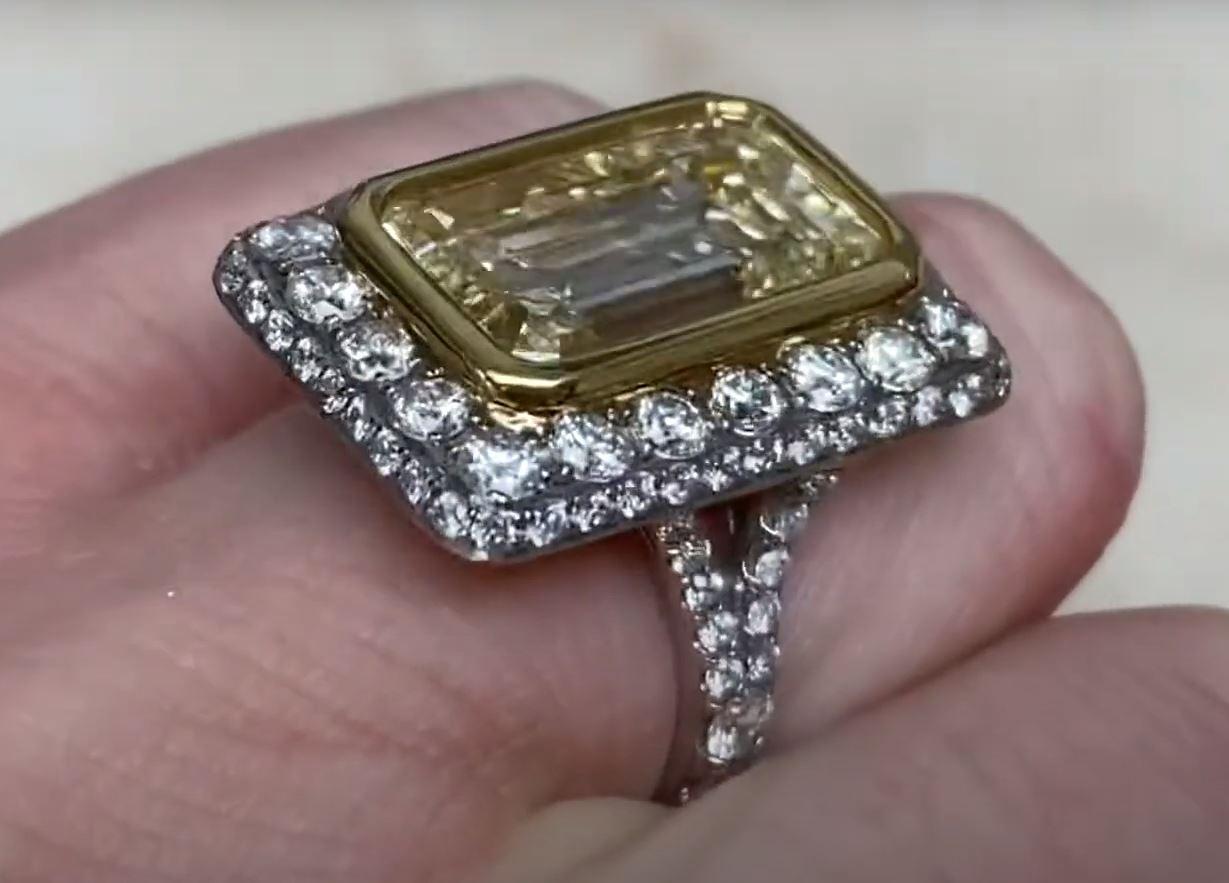 7.07ct Emerald Cut Fancy Light Yellow Diamond Engagement Ring, Platinum For Sale 2