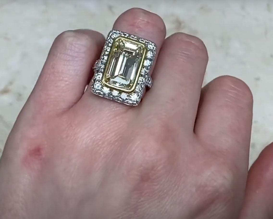 7.07ct Emerald Cut Fancy Light Yellow Diamond Engagement Ring, Platinum For Sale 4