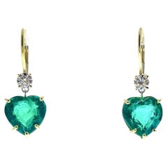 7.08 Carat Heart Shape Green Emerald Fashion Earrings In 18K Yellow Gold 