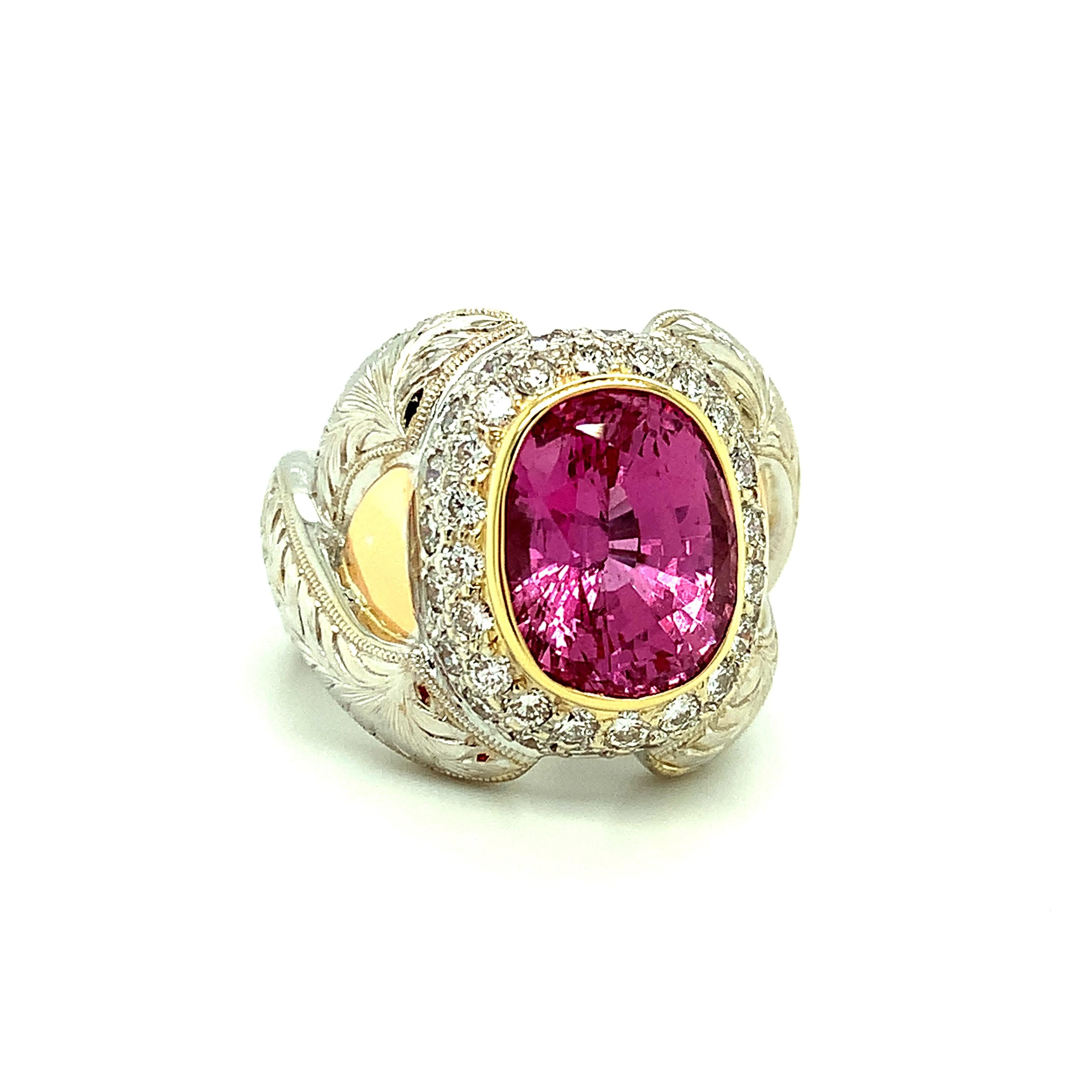 Artisan GIA Certified 7.08 Carat Pink Sapphire and Diamond Cocktail Ring in 18k Gold For Sale