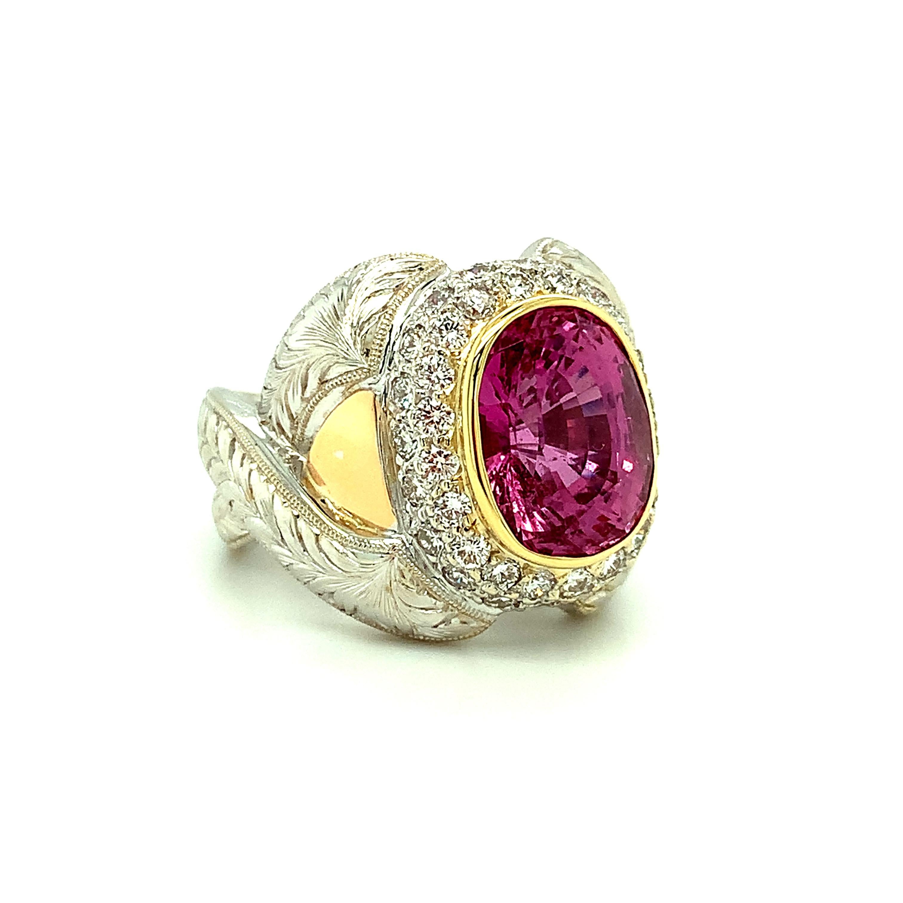 Cushion Cut GIA Certified 7.08 Carat Pink Sapphire and Diamond Cocktail Ring in 18k Gold For Sale