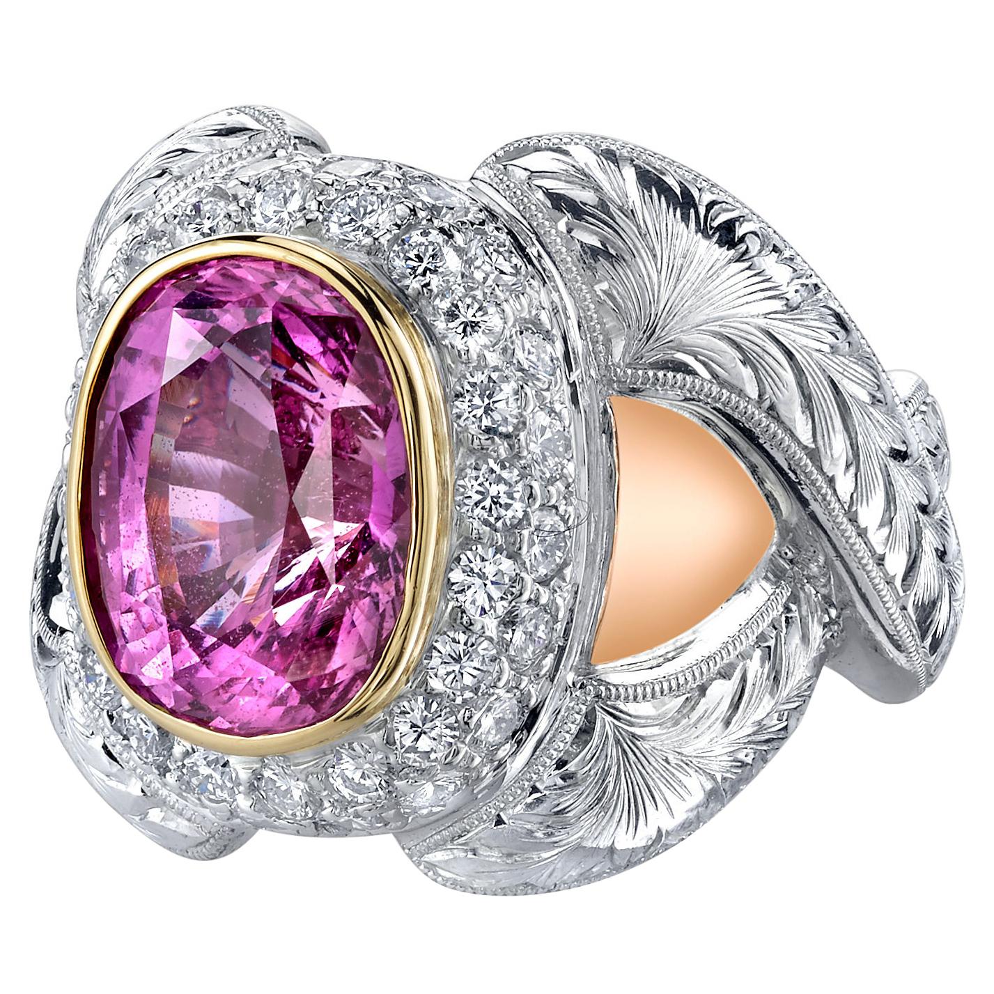 GIA Certified 7.08 Carat Pink Sapphire and Diamond Cocktail Ring in 18k Gold