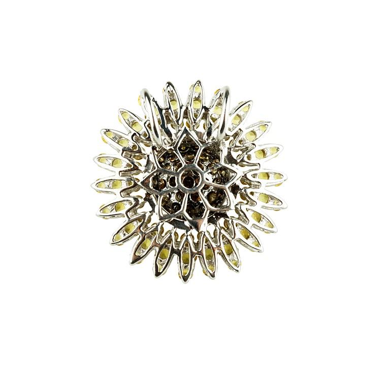 Round Cut 7.08 Carat Yellow Sapphire and Diamond Sunflower Brooch in White Gold