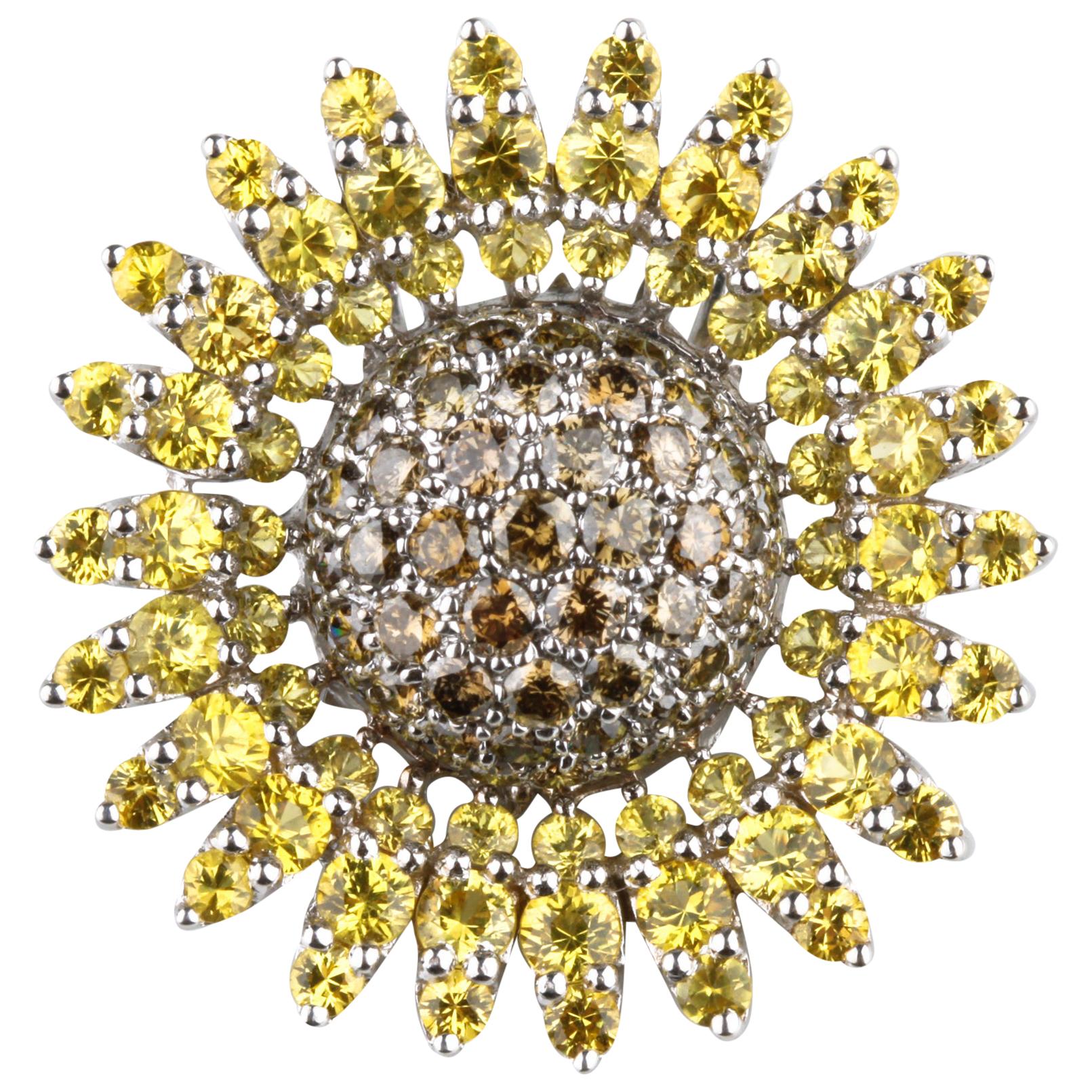 7.08 Carat Yellow Sapphire and Diamond Sunflower Brooch in White Gold