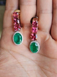 7.08 carats, natural Zambian Emerald, Tourmalines & Diamonds Chandelier Earrings