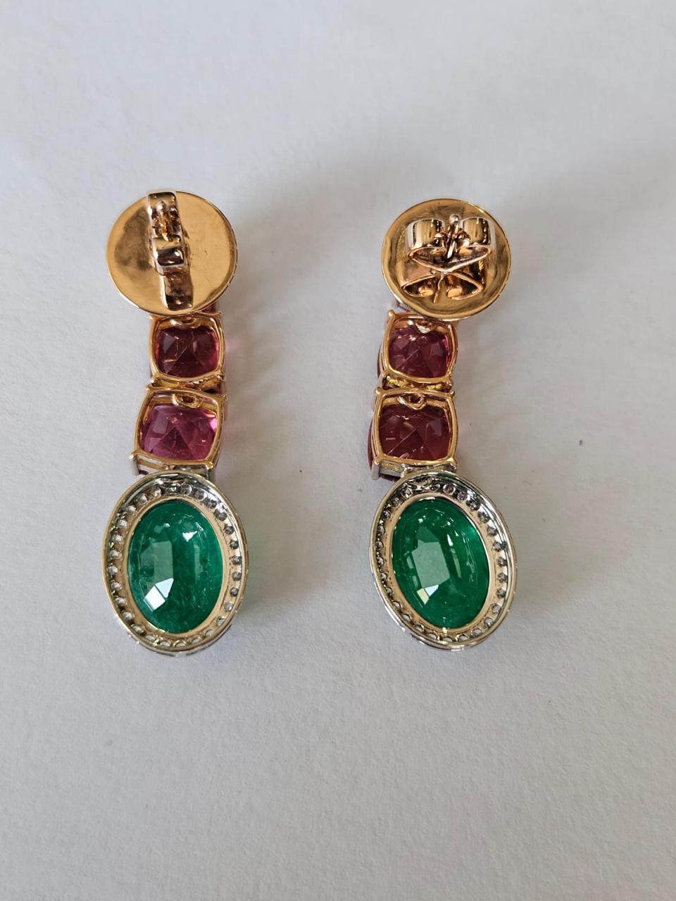 Modern 7.08 carats, natural Zambian Emerald, Tourmalines & Diamonds Chandelier Earrings For Sale