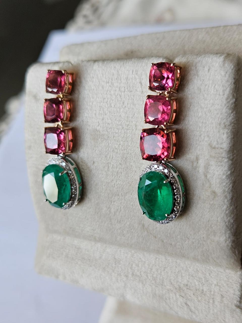 Oval Cut 7.08 carats, natural Zambian Emerald, Tourmalines & Diamonds Chandelier Earrings For Sale