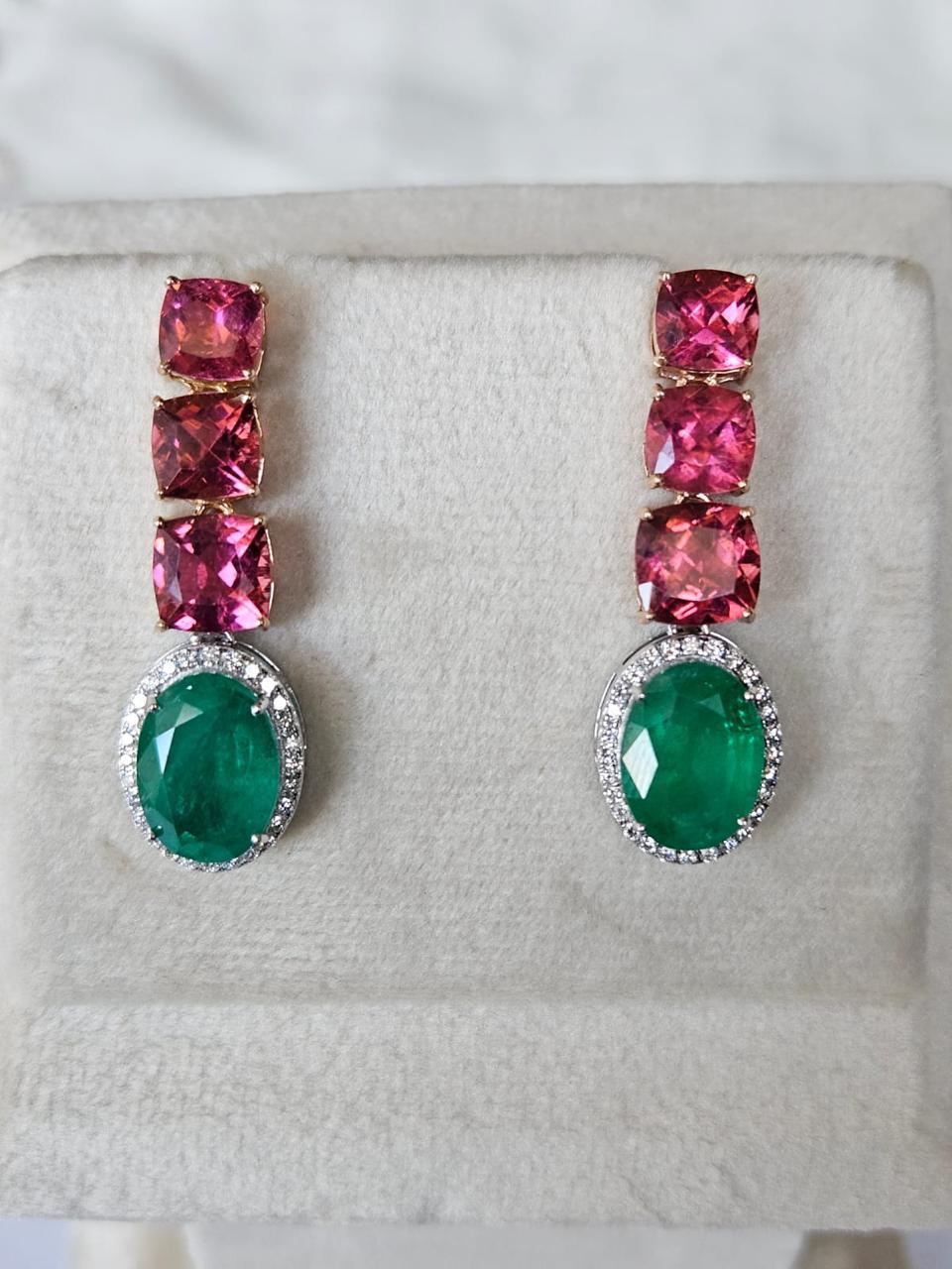 7.08 carats, natural Zambian Emerald, Tourmalines & Diamonds Chandelier Earrings In New Condition For Sale In Hong Kong, HK