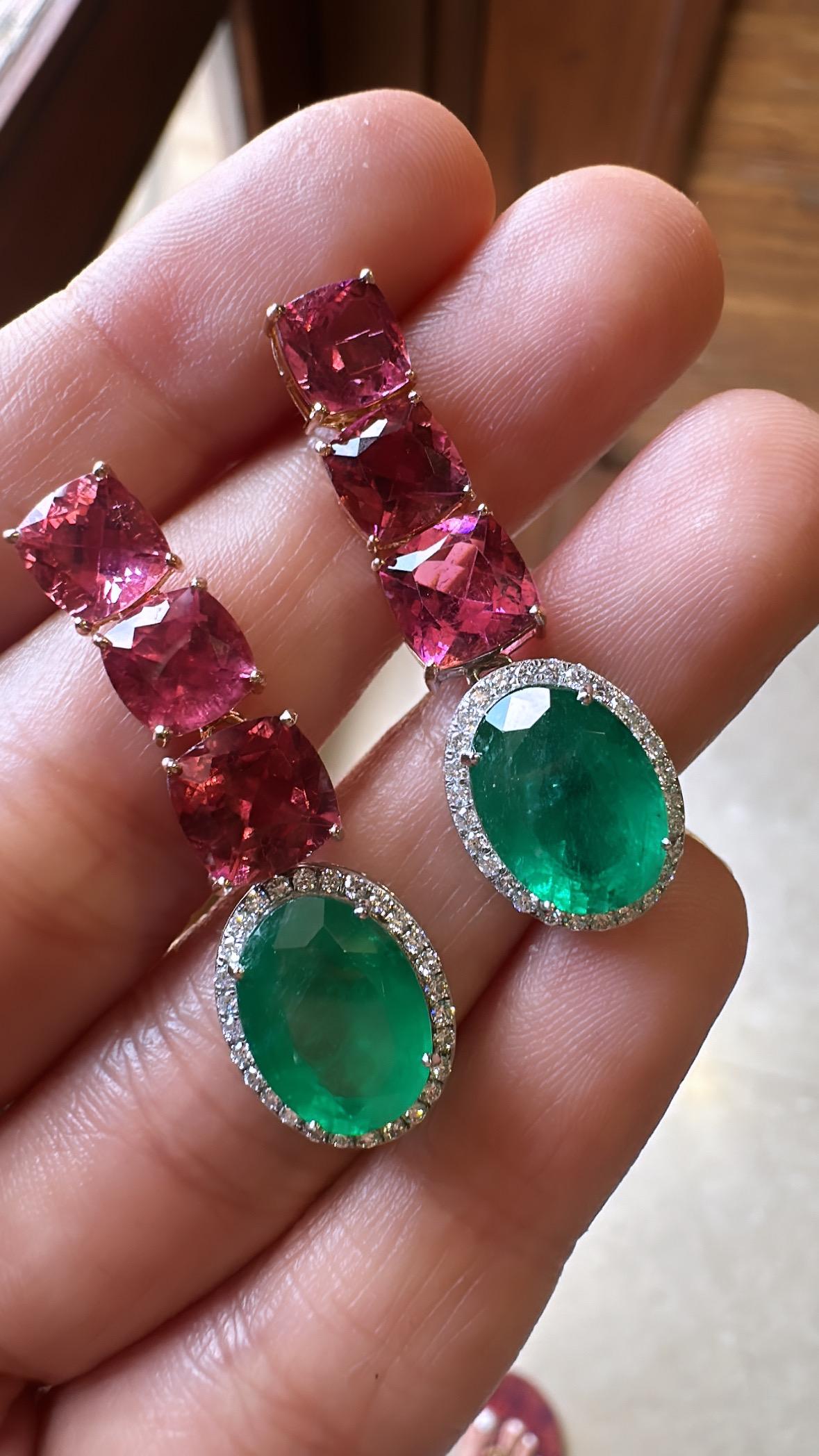 Women's or Men's 7.08 carats, natural Zambian Emerald, Tourmalines & Diamonds Chandelier Earrings For Sale