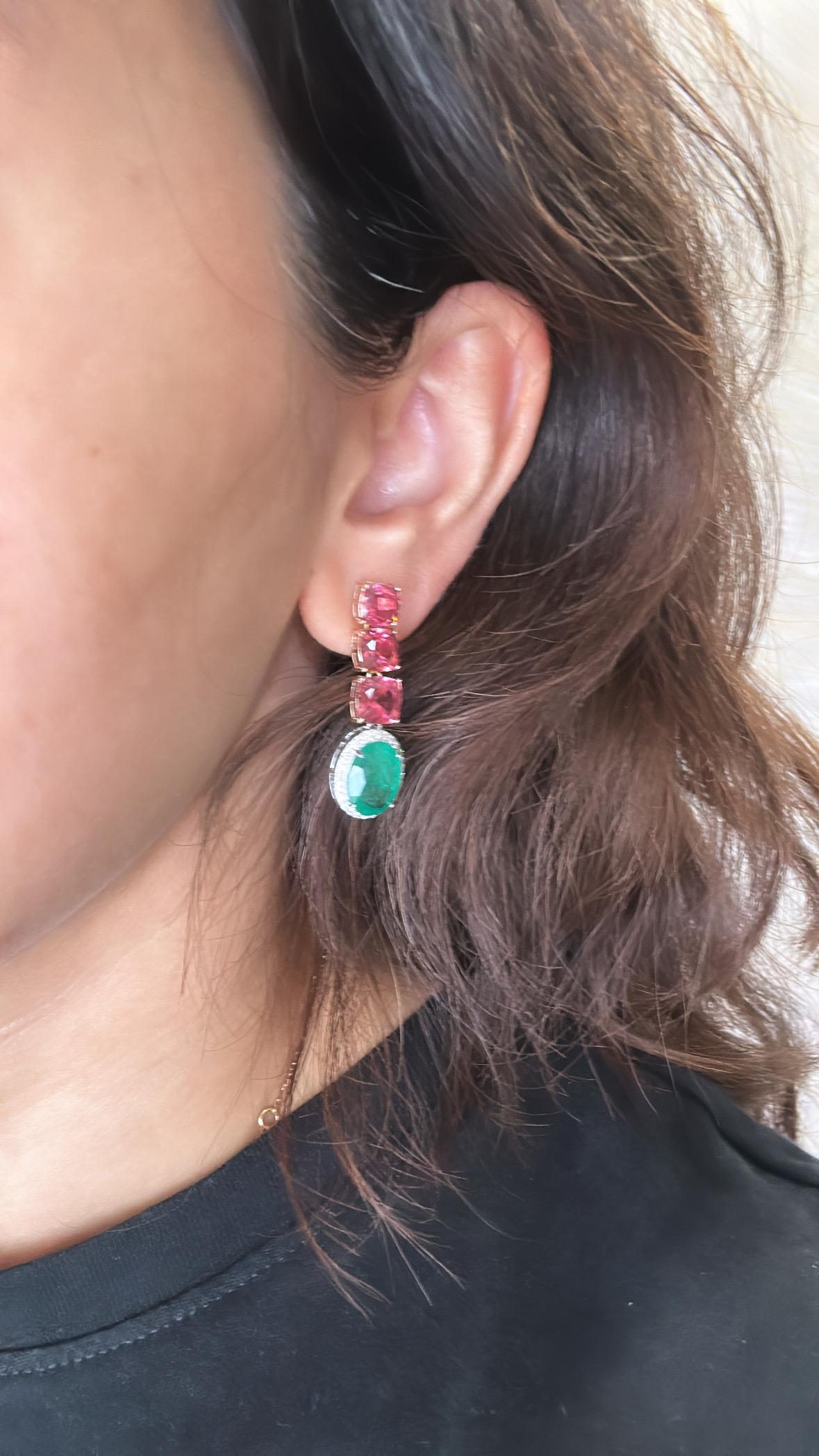 7.08 carats, natural Zambian Emerald, Tourmalines & Diamonds Chandelier Earrings For Sale 1
