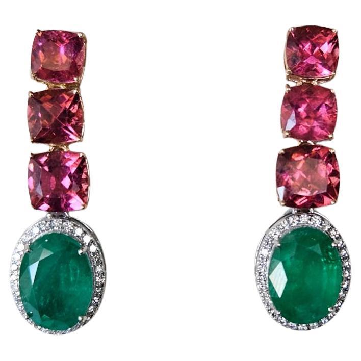 7.08 carats, natural Zambian Emerald, Tourmalines & Diamonds Chandelier Earrings For Sale