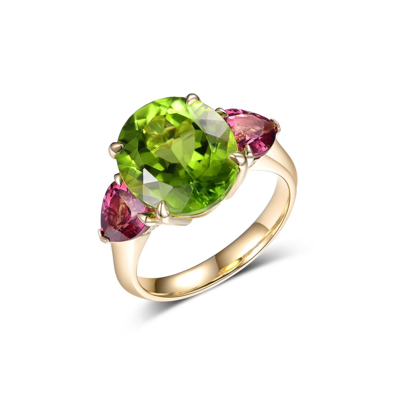 This exquisite ring features a captivating peridot as its centerpiece, weighing a substantial 7.08 carats. The peridot boasts a vibrant, grassy green hue that gleams with an internal fire, its facets catching the light to showcase the gemstone's