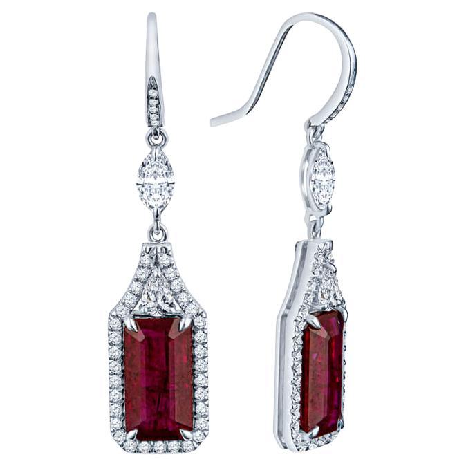 7.08ctw Emerald Cut Natural Ruby Dangle Earrings Accented with 1.44ctw Diamonds For Sale