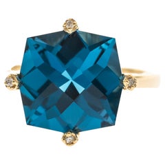 7.09 carat Cushion-cut London Blue Topaz Diamond accents 14K Yellow Gold Ring.