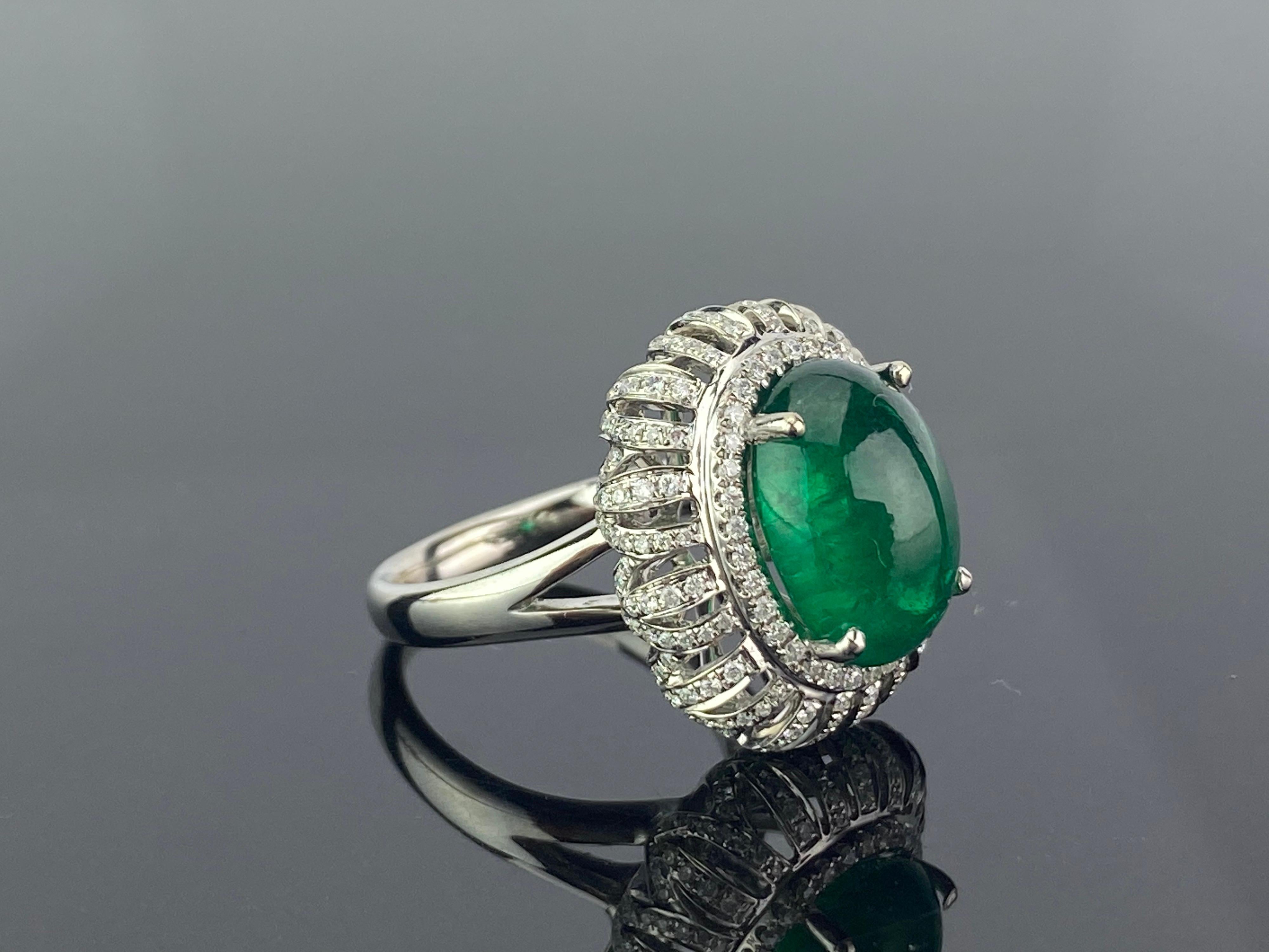 Art Deco 7.09 Carat Emerald Cabochon and Diamond Cocktail Ring For Sale
