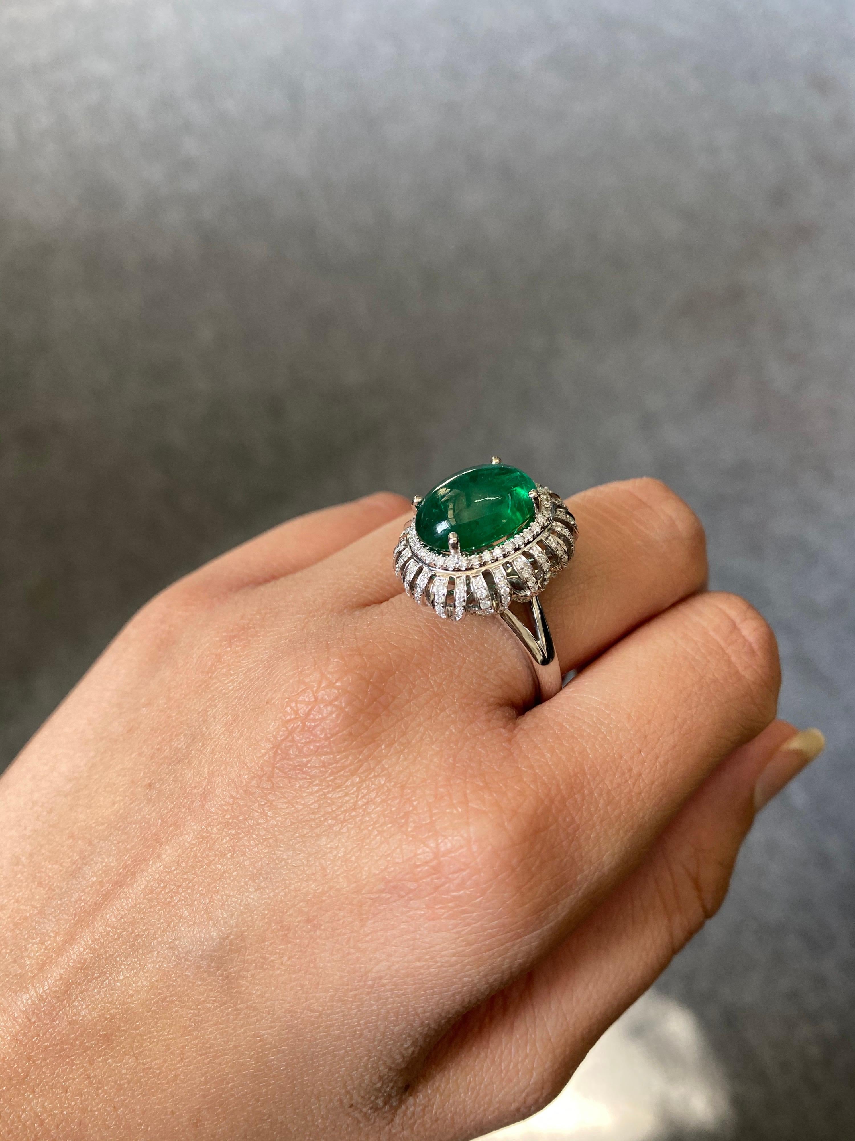 Oval Cut 7.09 Carat Emerald Cabochon and Diamond Cocktail Ring For Sale