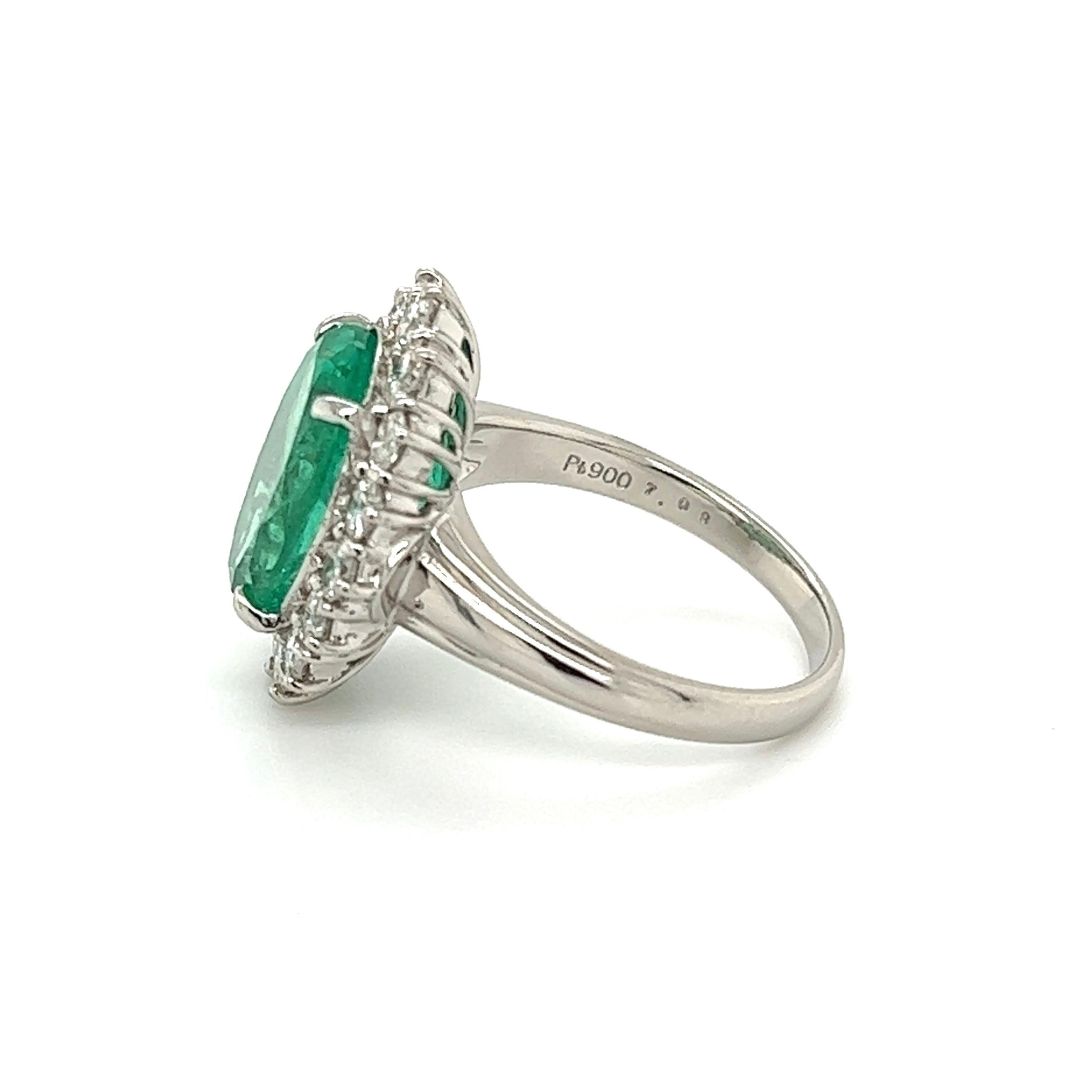 Women's 7.09 Carat Emerald GIA and Diamond Platinum Cocktail Ring Estate Fine Jewelry For Sale