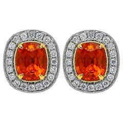 7.09 Carat Fanta Garnet Round Diamond White and Yellow Gold Earrings