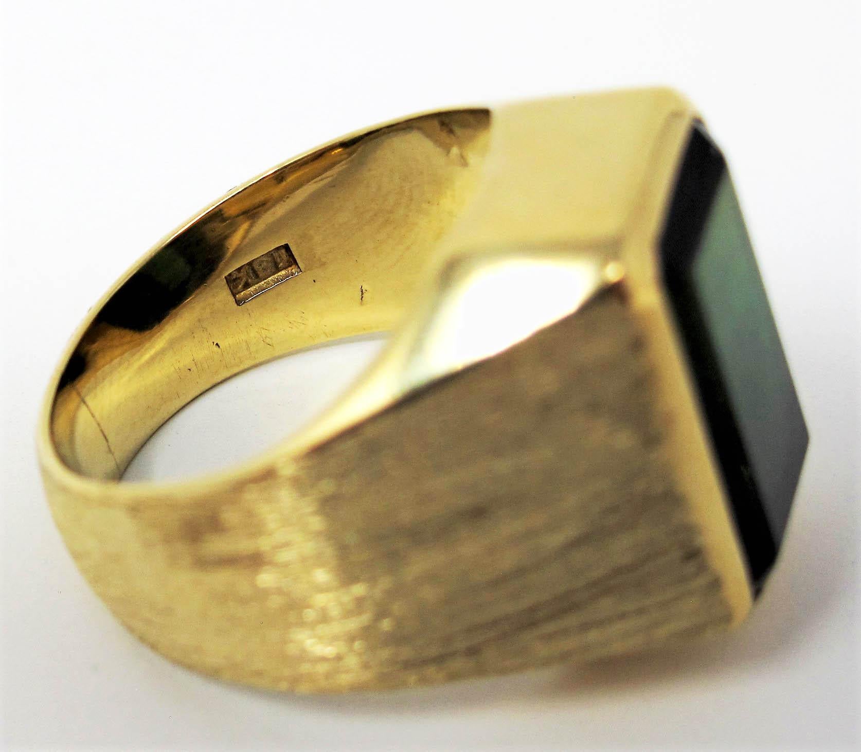 7.09 Carat Men's Emerald Cut Green Tourmaline Signet Style Ring 18 Karat Gold 5