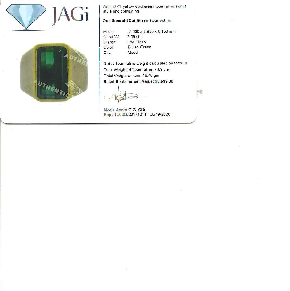 7.09 Carat Men's Emerald Cut Green Tourmaline Signet Style Ring 18 Karat Gold 6
