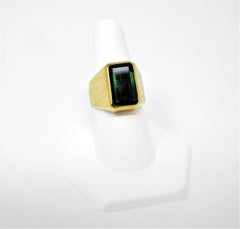 7.09 Carat Men's Emerald Cut Green Tourmaline Signet Style Ring 18 Karat Gold