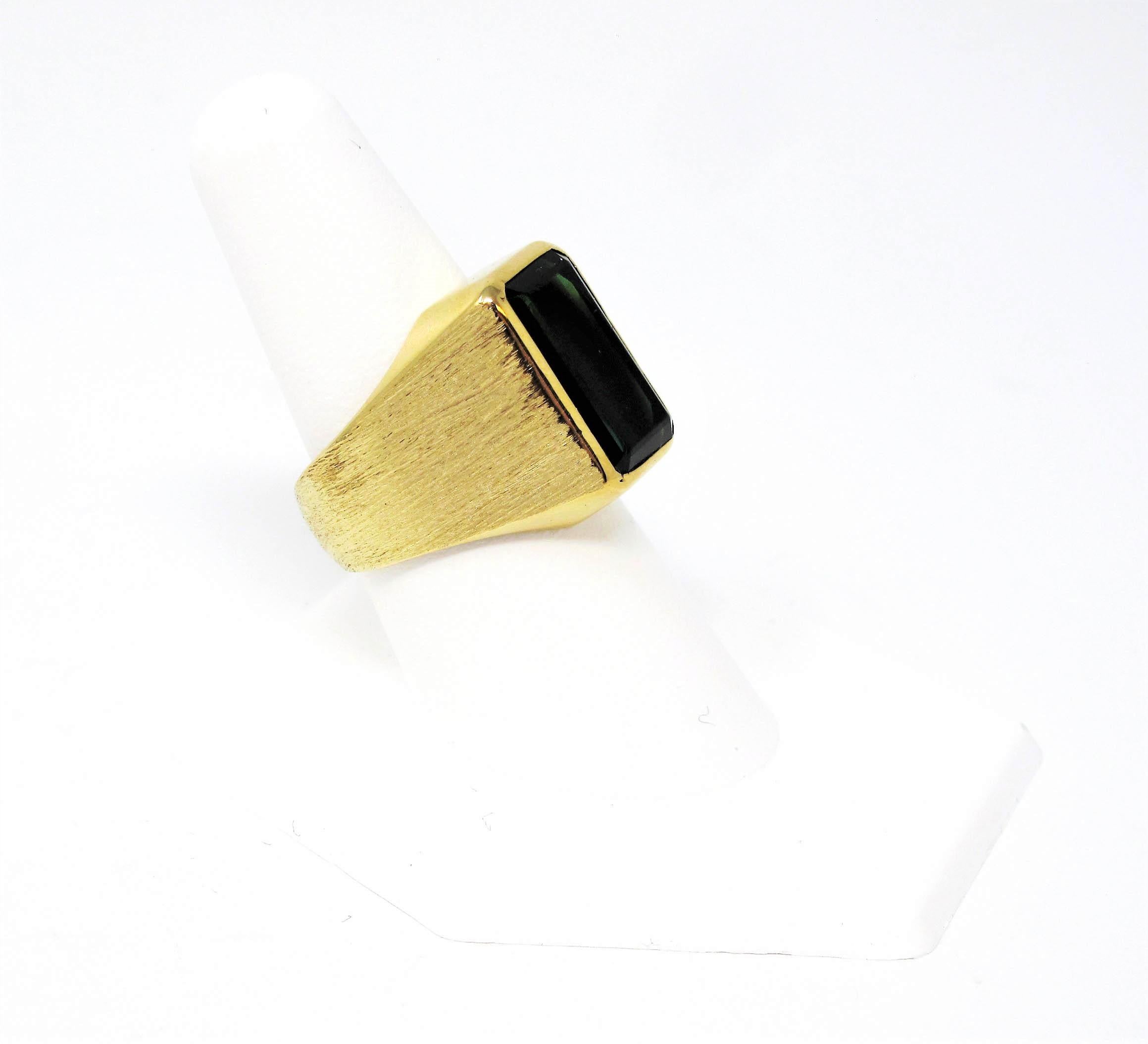 7.09 Carat Men's Emerald Cut Green Tourmaline Signet Style Ring 18 Karat Gold 3