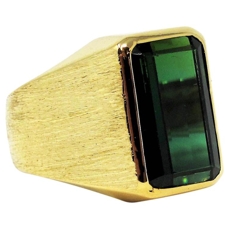 7.09 Carat Men's Emerald Cut Green Tourmaline Signet Style Ring 18 Karat Gold