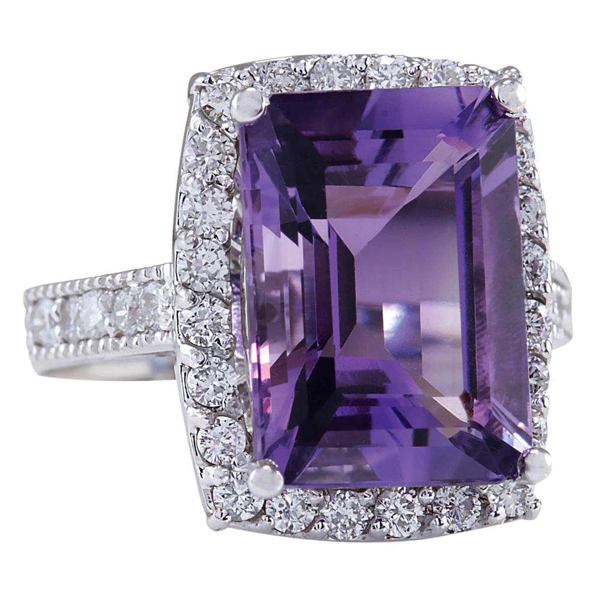 Stamped: 14K 
Total Ring Weight: 6.0 Grams
Total Natural Amethyst Weight is 6.29 Carat (Measures: 14.00x10.00 Millimeters)
Color: Purple
Total Natural Diamond Weight is 0.80 Carat
Color: F-G, Clarity: VS2-SI1
Ring Face Dimensions: 17.10x14.40
