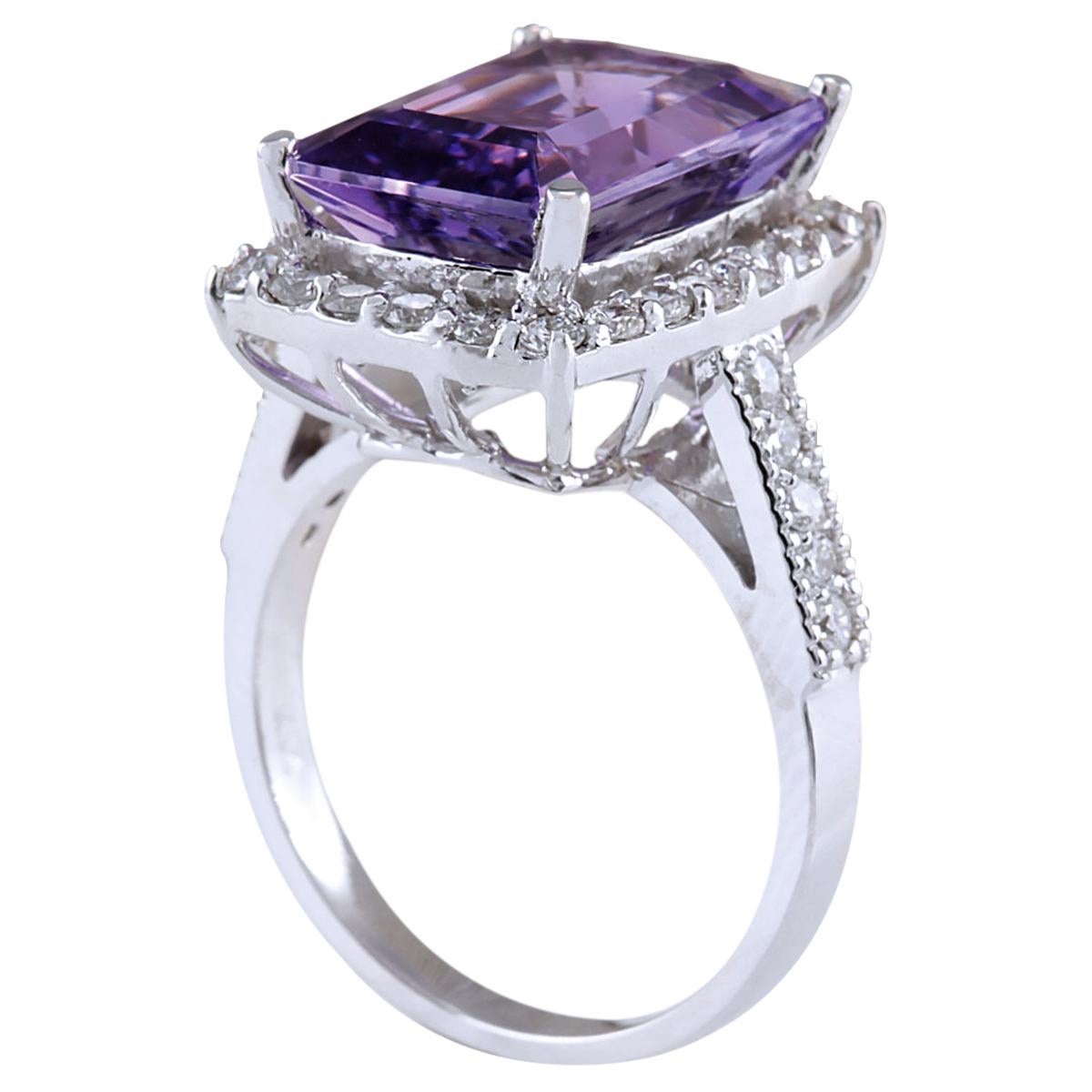 Emerald Cut Amethyst Diamond Ring In 14 Karat Solid White Gold For Sale