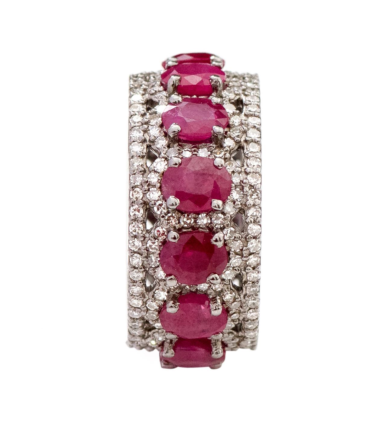 Victorian 7.09 Carat Oval-Cut Ruby and Diamond Eternity Band Ring in Art-Deco Style For Sale