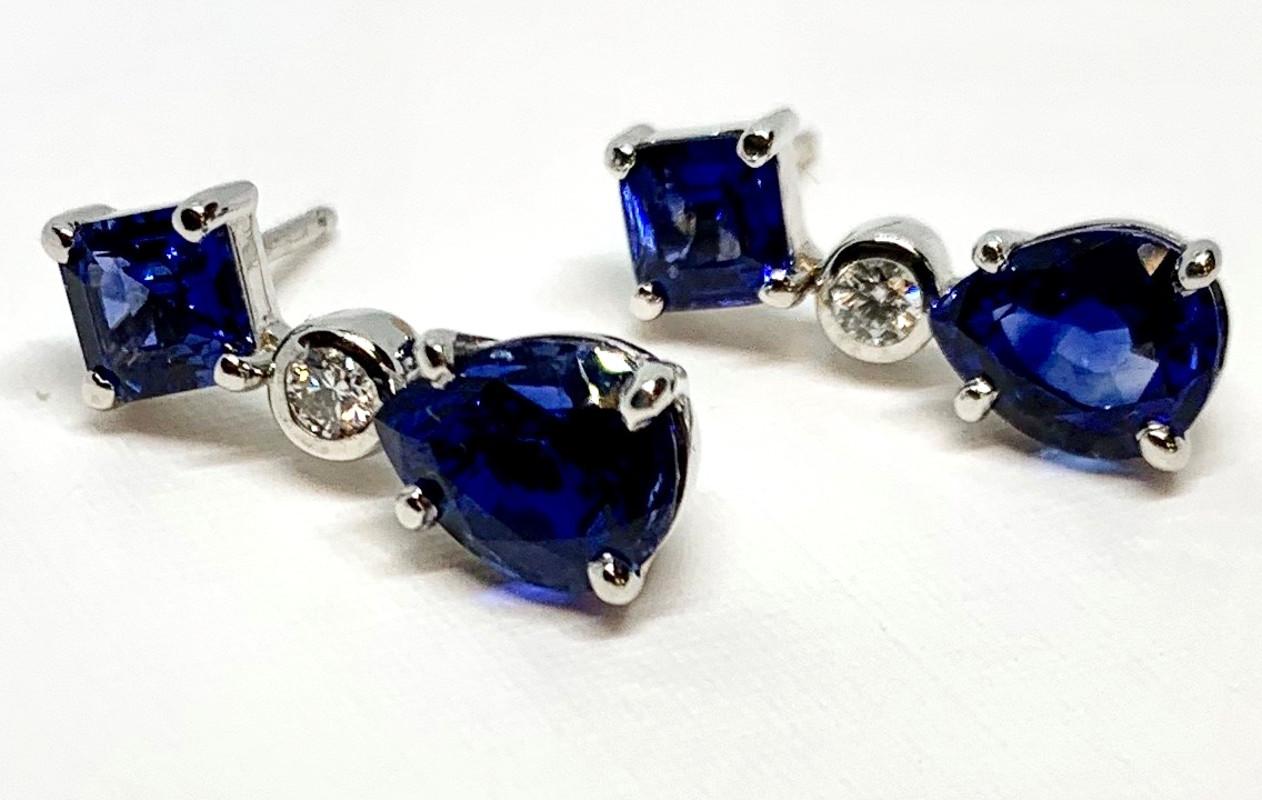 7.09 Carat Sapphire and Diamond 18k White Gold Dangle Earrings In New Condition In Los Angeles, CA