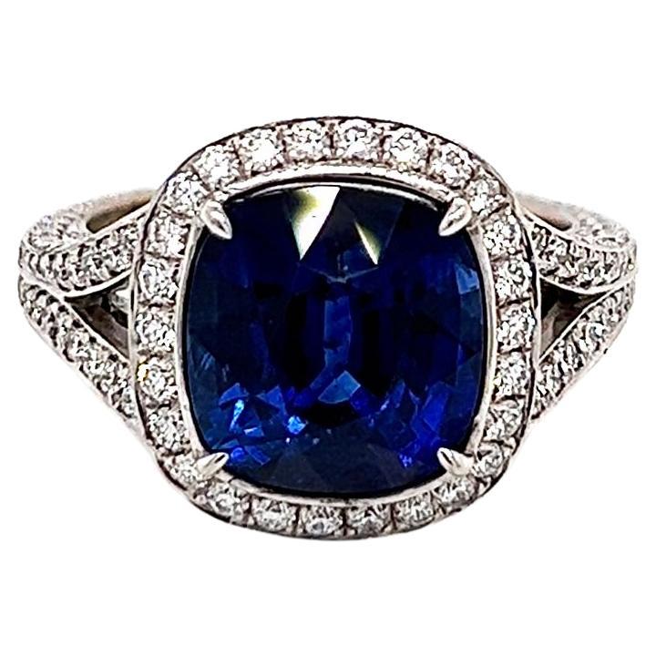 7.09 Total Carat Sapphire and Diamond Halo Pave-Set Ladies Engagement Ring