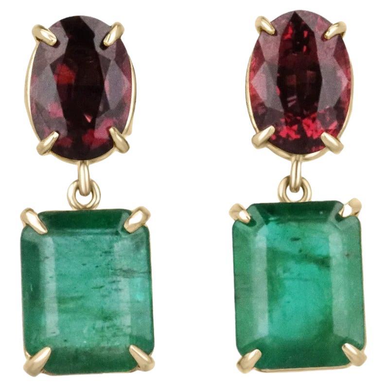 7.09tcw 14K Natural Emerald & Spinel Prong Set Solid Gold Dangle Earrings For Sale