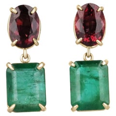7.09tcw 14K Natural Emerald & Spinel Prong Set Solid Gold Dangle Earrings